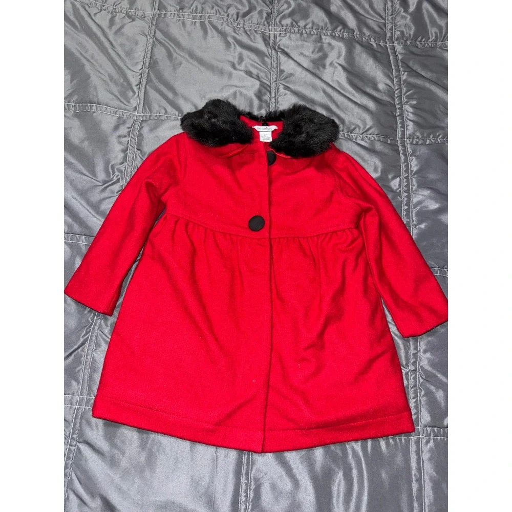 Hartstrings Toddler Girls Red Faux Fur Collar Babydoll Dress Coat Size 2T